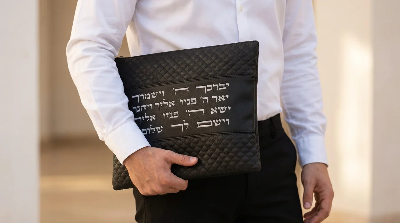 סט טלית תפילין דמוי עור שחור אותיות בולטות "יברכך" כסף 31*38 ס"מ - Image 2