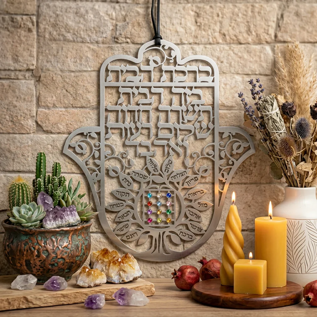 חמסה חיתוך לייזר, ברכת הבית עברית "עץ הברכות" 32 ס"מ - Image 2
