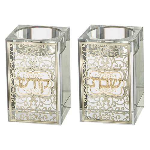 זוג פמוטי קריסטל מרובע עם פלקטה "עיטור" 8 ס"מ