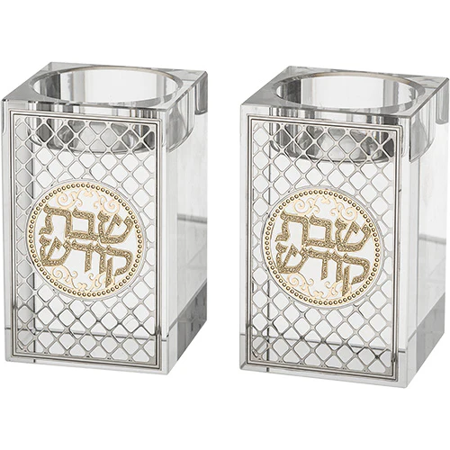 זוג פמוטי קריסטל מרובע עם פלקטה "עיטור" 8 ס"מ