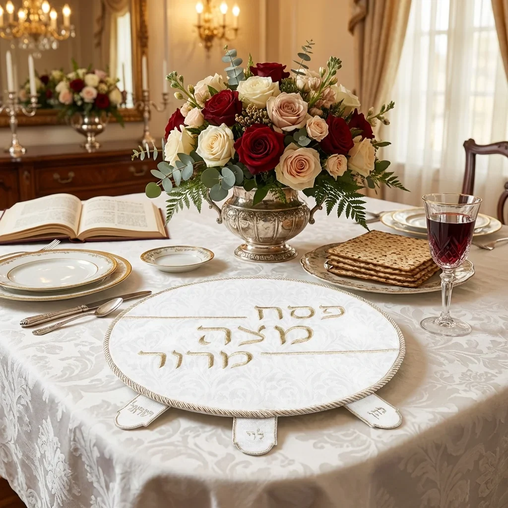 כיסוי פסח ברוקרט עם רקמה כסף 45 ס"מ - Image 2
