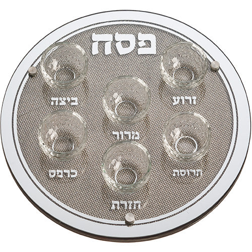 מגש פסח זכוכית מהודר עם 6 בומצים ואבנים 36 ס"מ