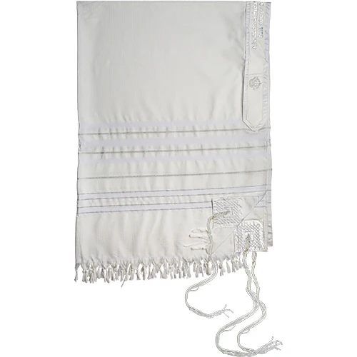 טלית "מופת" חתנים גודל 60 - 185x140 ס"מ פסים כסף עם עטרה פיו