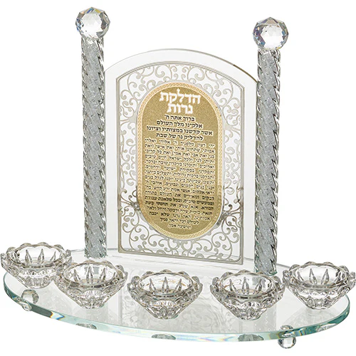 פמוטי קריסטל 5 קנים מהודרים עם פלקטה הדלקת נרות 25 ס"מ