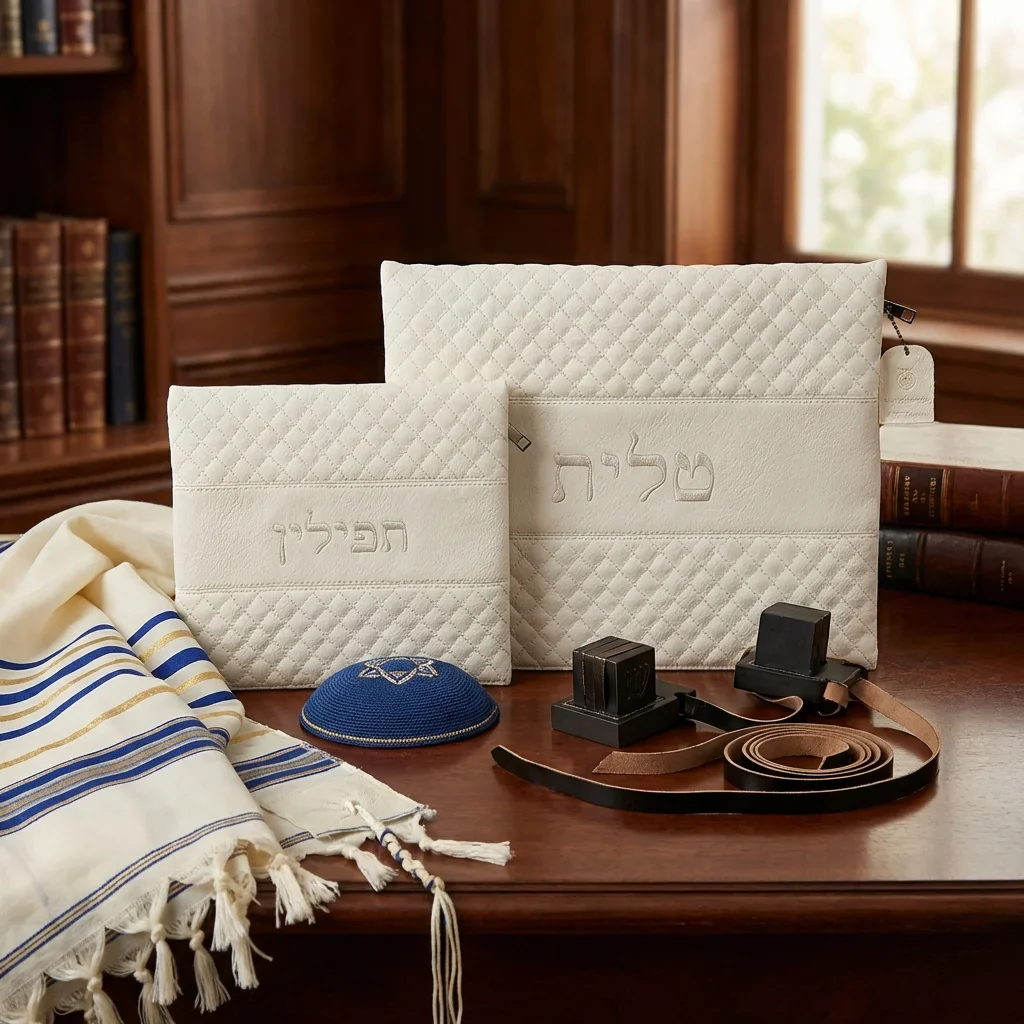 סט טלית תפילין דמוי עור עם ריקמה 36*29 ס"מ - Image 2